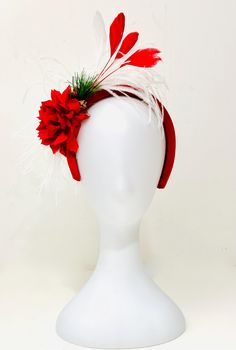 Christmas Fascinator Headband  Red or Green Headband,  Red Fascinator Headband,  Red velvet padded headband with Red and White Coqui Feather  Christmas Holly with Marabou feather ostrich feather and  4.5 Satten Chiffon  flower Adjustable Red Headpiece For Wedding, Adjustable Red Wedding Headpiece, Holiday Headband Gift, Adjustable Red Fascinator As Gift, Adjustable Red Headband Costume Accessory, Adjustable Red Costume Hats For Formal Occasions, Red Winter Party Costume Accessories, Red Adjustable Headband Costume Accessory, Red Adjustable Costume Headband