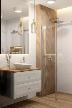 a bathroom with a sink, mirror and shower stall in the middle of the room