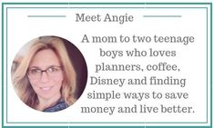 a woman with glasses and a quote on it that says, meet an angel a mom to two teenage boys who loves planners, coffee, disney and finding simple ways to save money