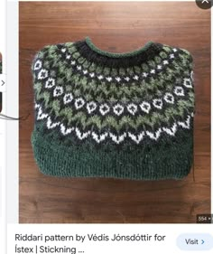 a knitted green sweater with white and black designs on the front, next to an instagram post about knitting