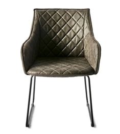 a gray chair with metal legs and a quilted upholstered seat, viewed from the front