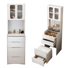 two white cabinets with drawers, one open and the other closed