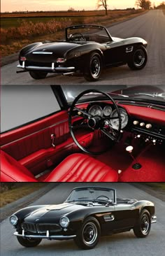 two pictures of classic cars in different styles and colors, one is red the other is black