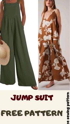 two women wearing jumpsuits and hats with the text free pattern below them that says jump suit