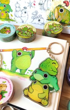 cute pile of frogs frog mushroom toad whimsical colorful traditional artwork inspiration nature plants illustrated with colored pencils by chetom ferdinand frog keychain keyring washitape journaling rice paper tape Colorful Sketchbook Ideas, Decorative Journaling, Frogs Drawing, Coloring With Colored Pencils, Frog Journal, Frog Anatomy, Frog And Toad Are Friends