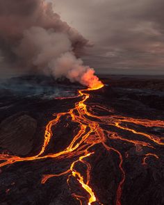 an aerial view of a lava flow in the ocean