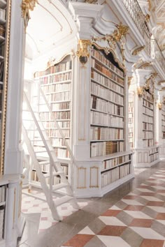 an ornate library with many bookshelves and staircases leading up to the second floor