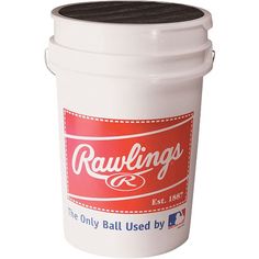 a white bucket with the word rawlings on it and a black lid sits in front of a white background