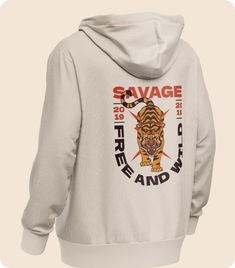 the back of a white hoodie with an image of a tiger on it