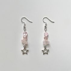 - silver plated dangly earrings with rose quartz chips and silver star charms Crystal Coquette, Earrings Handmade Silver, Charms Earrings, Crystal Chips, Rose Quartz Earrings, Silver Earrings Handmade, Pink Stars, Earrings Pink, Dangly Earrings