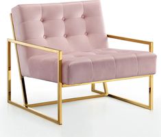 a pink velvet chair with gold frame