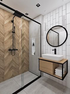 a bathroom with a sink, mirror and stand up shower in the middle of it