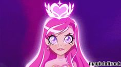 a pink haired girl with big blue eyes wearing a tiara and holding a heart