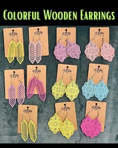 Colorful Wooden Earrings - Lightweight & Unique Laser Cut Design Add a splash of color and a touch of uniqueness to your accessory collection with these beautiful, lightweight wooden earrings. Expertly laser cut, these earrings boast intricate designs that are sure to turn heads. Features: ~Vibrant Colors: Each pair showcases a stunning array of colors, perfect for brightening up any outfit. ~Lightweight: Designed for all-day comfort, these earrings won't weigh you down. ~Laser Cut Precision: Intricate patterns and smooth edges make these earrings truly stand out. ~Unique Designs: Every pair is crafted to be one-of-a-kind, ensuring you have a piece that's as unique as you are. Whether you're dressing up for a special occasion or adding a pop of color to your everyday look, these colorful w Laser Cut Design, Laser Cut Earrings, Cut Earrings, Lasercut Design, Earrings Unique, Wooden Earrings, Intricate Designs, Light Weight Earrings, Cut Design