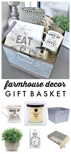 farmhouse decor gift basket with coffee mugs, tea bags and other items in it