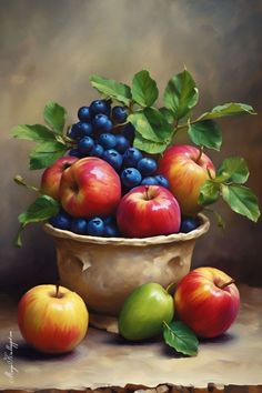 a painting of apples and blueberries in a bowl