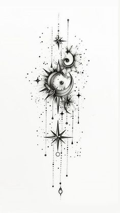 a black and white drawing of a sun, moon and stars