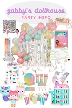 a collage of balloons, confetti and other items for a baby's dollhouse party