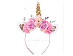 a pink and gold unicorn headband with flowers on it's ears, measurements