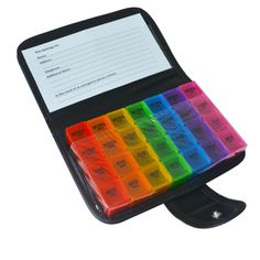 a multicolored plastic case holds several compartments