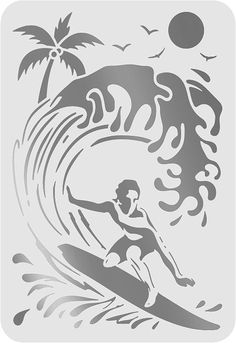 a surfer riding a wave with palm trees in the background