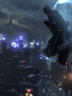 a man flying through the air on top of a building in a city at night