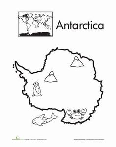 an outline map of the country of antartica, with animals and birds on it