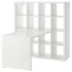 a white bookcase and desk against a white background