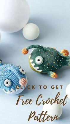 two crocheted fish sitting next to an egg on a blue background with the words, click to get free crochet pattern