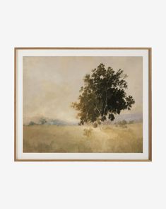 an oil painting on canvas of a tree in the middle of a field with fog