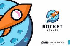 the rocket launch logo is shown with an orange and blue rocket on it's side