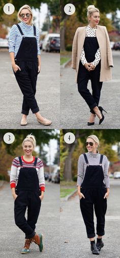 Outfit Remix: Black Denim Overalls Four Different Ways Black Dungarees Outfit Winter, Black Overalls Outfit Winter, Bib Overalls For Women Outfit Ideas, Black Dungarees Outfit, Striped Overalls Outfits, Overalls Winter Outfit, Denim Dungarees Outfit, Roadtrip Outfits