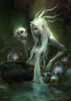 a white haired mermaid holding a skull in her hand and sitting on the water with it's eyes closed