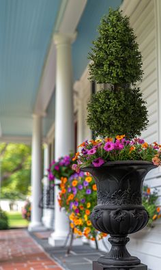 a tall planter filled with flowers on the side of a house