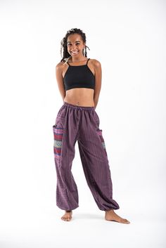 Women's Drawstring Pinstripes Cotton Pants with Aztec Pocket in Purple Boho Pants Outfit, Aztec Clothing, Boho Pants, Pin Stripe, Traditional Fabric, Summer Pants, Hippie Outfits, Cotton Pants, Free Spirit