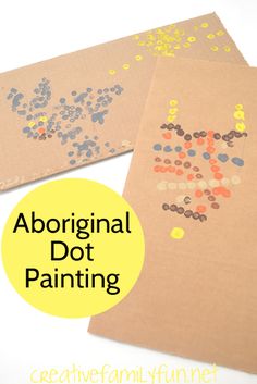 two brown paper bags with dots on them and the words, abornial dot painting