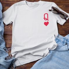 New! Queen Of Hearts Graphic T-Shirt In White. Mens/Unisex Cut And Sizing For Comfortable Fit. 100% Cotton. Crew Neck. Short Sleeves. White Color Tee With Red Design On Chest Corner. Tags # Everyday Essential Style Guys Mens Womens Teens Urban Outfit Casual Heavyweight Classic Unique Custom Bold Cool Handmade Playing Cards Letter Q Minimalist Trendy Relaxed Fit Crew Neck T-shirt With Heart Print, Graphic Tee With Heart Print And Crew Neck, Graphic Band Tees, Letter Q, Mickey Mouse T Shirt, Retro Tee, Red Design, Grey Tee, Urban Outfits