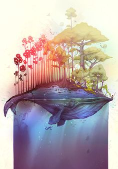 a whale floating in the ocean with trees on top