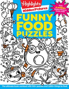 the children's hidden pictures funny food puzzles book with an image of a cow