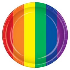 a paper plate with a rainbow striped design on the front and sides, in various colors