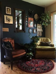 a living room filled with lots of furniture next to a large window covered in pictures