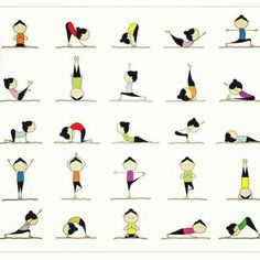 various yoga poses are shown in this cartoon drawing, which depicts the positions of people doing different