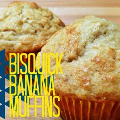 two muffins sitting on top of a wooden cutting board with the words biscuit banana muffins