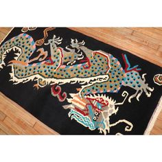 Late 20th Century hand-Knotted Tibetan Rug with a dragon motif on a black field Dragon Rug, Tibetan Dragon, Tibetan Rug, Dragon Tattoo Art, Dragon Motif, Chinese Art Deco, Tibetan Rugs, Vintage Dragon, Art Deco Rug