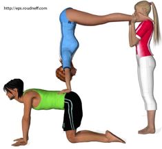 two women doing yoga poses in different positions, one standing and the other sitting on her stomach