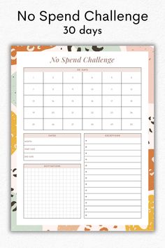 a printable no spend challenge calendar with the words, no spend challenge on it