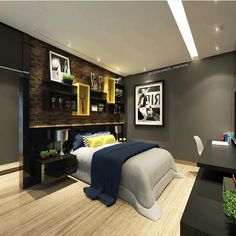 a bed sitting in a bedroom next to a desk and book shelf on top of a hard wood floor