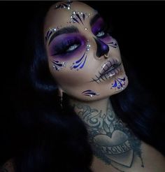 Dia De Los Muertos Makeup With Jewels, Skeleton Makeup Purple, Purple Dia De Los Muertos Makeup Ideas, Pretty Day Of The Dead Makeup, Purple Day Of The Dead Makeup, Purple Catrina Makeup, Red Catrina Makeup, Catrina Costume Make Up