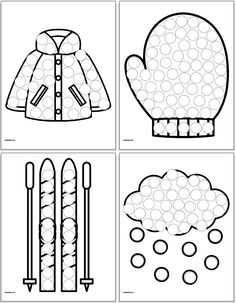 four different winter clothes coloring pages