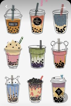 six cups with different drinks in them and the words bubble tea on each one side